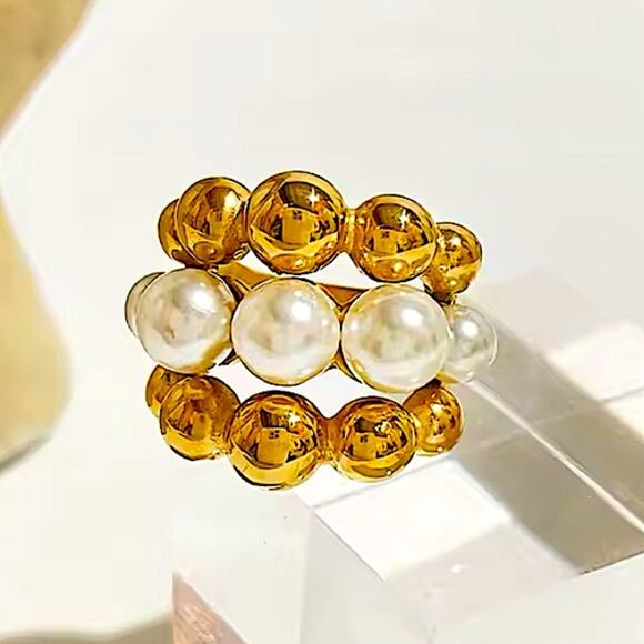 Gold Pearl Large Ball Statement Ring Chunky Exaggerated Cocktail Ring - Picture 6 of 7